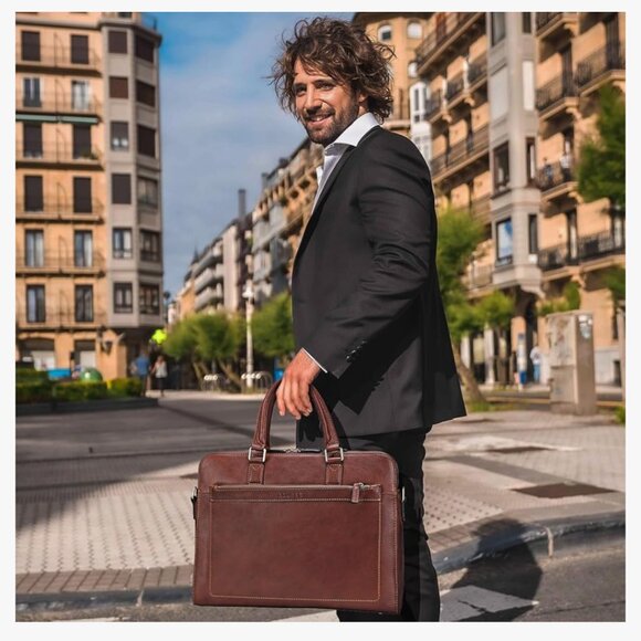 Banuce Full Grain Leather Briefcase Work Bag in Brown - Picture 4 of 16